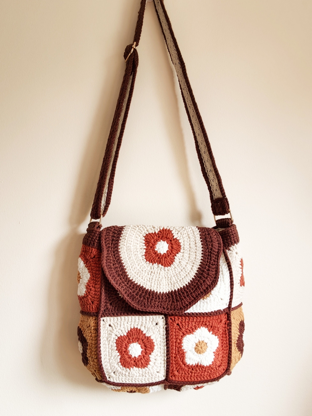 Handmade Crochet Flower Crossbody Bag in Brown, Cream & Rust